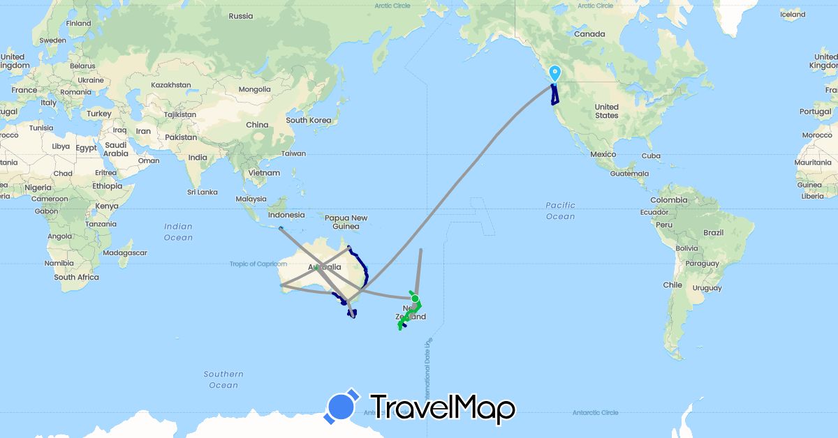 TravelMap itinerary: driving, bus, plane, hiking, boat, motorbike in Australia, Canada, Fiji, Indonesia, New Zealand, United States (Asia, North America, Oceania)